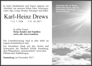 Traueranzeige von Karl-Heinz Drews von Südthüringer Presse