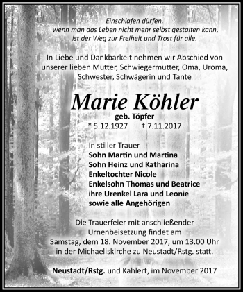 Traueranzeige von Marie Köhler von Südthüringer Presse