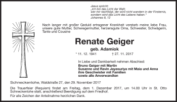 Traueranzeige von Renate Geiger von Neue Presse Coburg