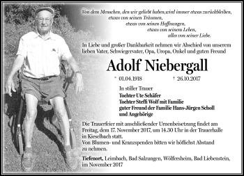 Traueranzeige von Adolf Niebergall von Südthüringer Presse