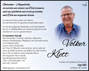 Traueranzeige von Volker Klett von Südthüringer Presse