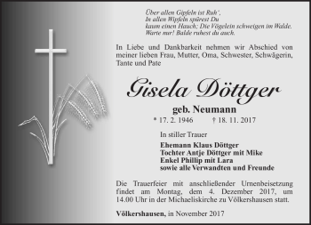 Traueranzeige von Gisela Döttger von Südthüringer Presse