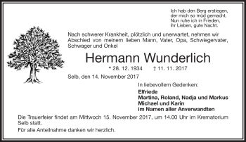 Traueranzeige von Hermann Wunderlich von Frankenpost