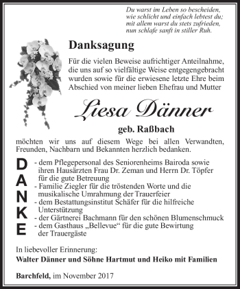 Traueranzeige von Liesa Dänner von Südthüringer Presse