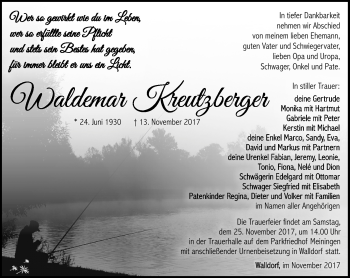 Traueranzeige von Walldemar Kreutzberger von Südthüringer Presse