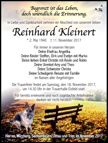 Traueranzeige von Reinhardt Kleinert von Südthüringer Presse
