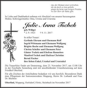 Traueranzeige von Julie-Anna Tschek von Südthüringer Presse