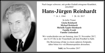 Traueranzeige von Hans-Jürgen Reinhardt von Südthüringer Presse
