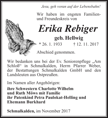 Traueranzeige von Erika Rebiger von Südthüringer Presse
