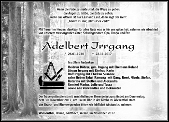 Traueranzeige von Adelbert Irrgang von Südthüringer Presse