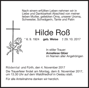 Traueranzeige von Hilde Roß von Neue Presse Coburg