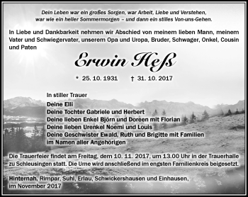 Traueranzeige von Erwin Heß von Südthüringer Presse
