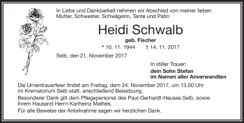 Traueranzeige von Heidi Schwalb von Frankenpost