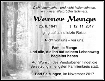 Traueranzeige von Werner Menge von Südthüringer Presse
