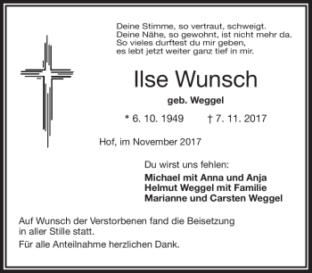 Traueranzeige von Ilse Wunsch von Frankenpost