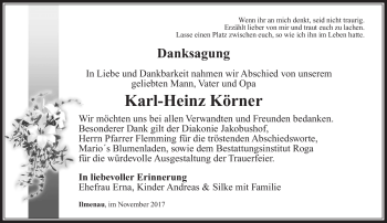 Traueranzeige von Karl-Heinz Körner von Südthüringer Presse