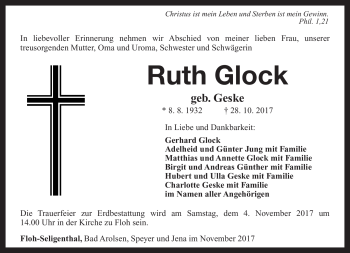 Traueranzeige von Ruth Glock von Südthüringer Presse
