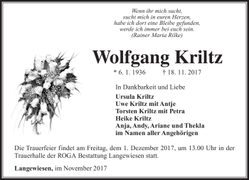 Traueranzeige von Wolfgang Kriltz von Südthüringer Presse