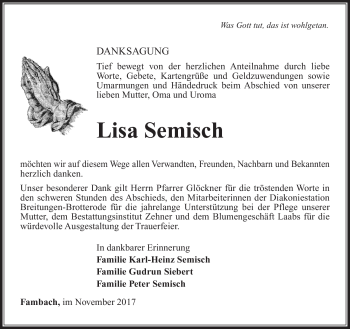 Traueranzeige von Lisa Semisch von Südthüringer Presse