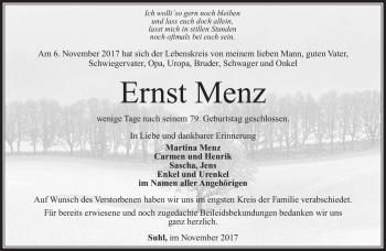 Traueranzeige von Ernst Menz von Südthüringer Presse