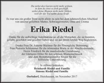 Traueranzeige von Erika Riedel von Südthüringer Presse