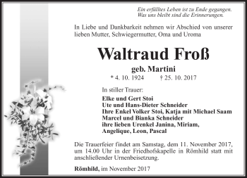 Traueranzeige von Waltraud Froß von Südthüringer Presse