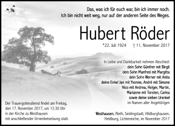 Traueranzeige von Hubert Röder von Südthüringer Presse