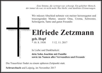 Traueranzeige von Elfriede Zetzmann von Südthüringer Presse