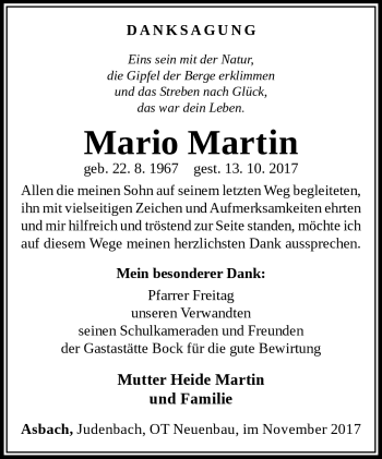 Traueranzeige von Mario Martin von Südthüringer Presse
