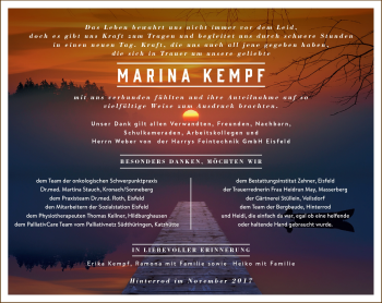 Traueranzeige von Marina Kempf von Südthüringer Presse