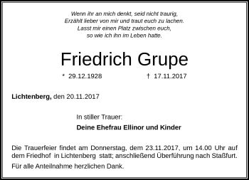 Traueranzeige von Friedrich Grupe von Frankenpost