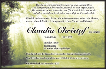 Traueranzeige von Claudia Christof von Südthüringer Presse