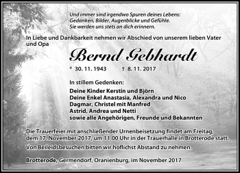 Traueranzeige von Bernd Gebhardt von Südthüringer Presse
