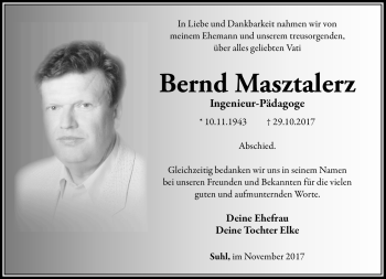 Traueranzeige von Bernd Masztalerz von Südthüringer Presse