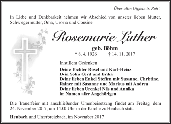 Traueranzeige von Rosemarie Luther von Südthüringer Presse