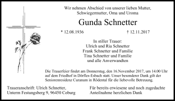 Traueranzeige von Gunda Schnetter von Neue Presse Coburg