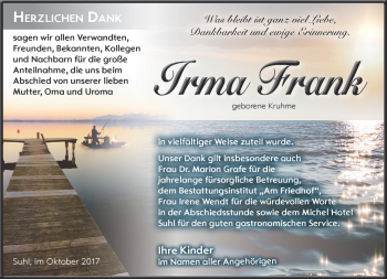 Traueranzeige von Irma Frank von Südthüringer Presse