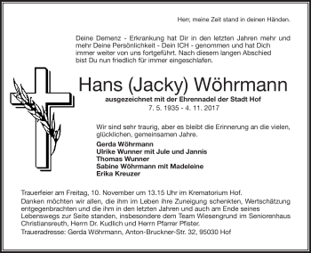 Traueranzeige von Hans Wöhrmann von Frankenpost