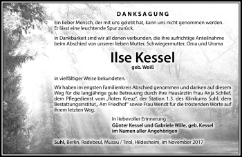Traueranzeige von Ilse Kessel von Südthüringer Presse