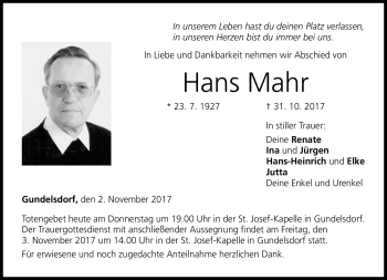 Traueranzeige von Hans Mahr von Neue Presse Coburg
