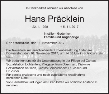 Traueranzeige von Hans Präcklein von Neue Presse Coburg