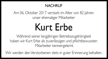 Traueranzeige von Kurt Erbe von Südthüringer Presse