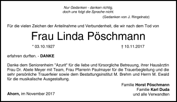 Traueranzeige von Linda Pöschmann von Neue Presse Coburg