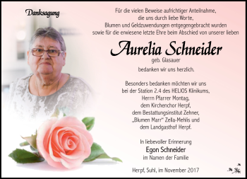 Traueranzeige von Aurelia Schneider von Südthüringer Presse