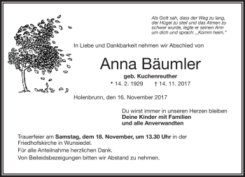 Traueranzeige von Anna Bäumler von Frankenpost
