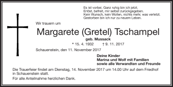 Traueranzeige von Margarete Tschampel von Frankenpost