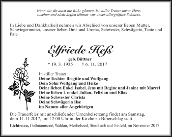 Traueranzeige von Elfriede Heß von Südthüringer Presse