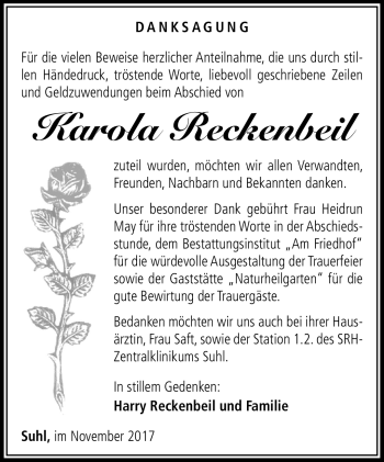 Traueranzeige von Karola Reckenbeil von Südthüringer Presse