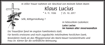 Traueranzeige von Klaus Lucius von Frankenpost