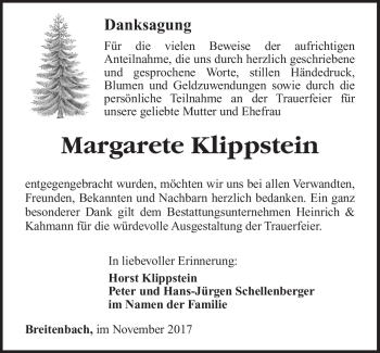 Traueranzeige von Margarete Klippstein von Südthüringer Presse